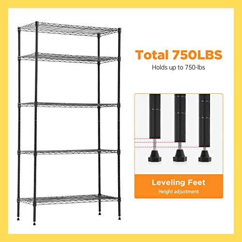 Bestoffice 14"X30"X60" Storage Shelves Heavy Duty Shelving 5 Tier Layer Wire Shelving Unit With Wheels Metal Wire Shelf Standing Garage Shelves Storage Rack ,Adjustable Nsf Certified(Black) #TOP3