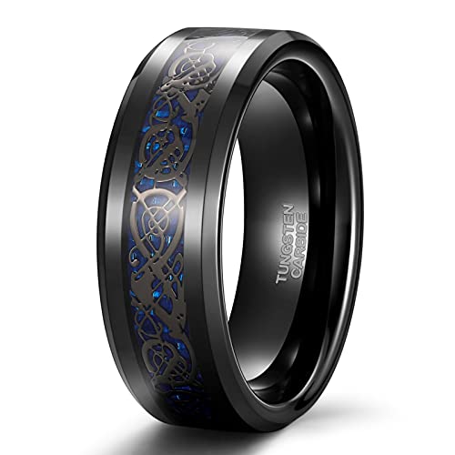 Bagues en carbure de tungstène 8 mm homme motif dragon celtique et oxyde de zirconium rouge
