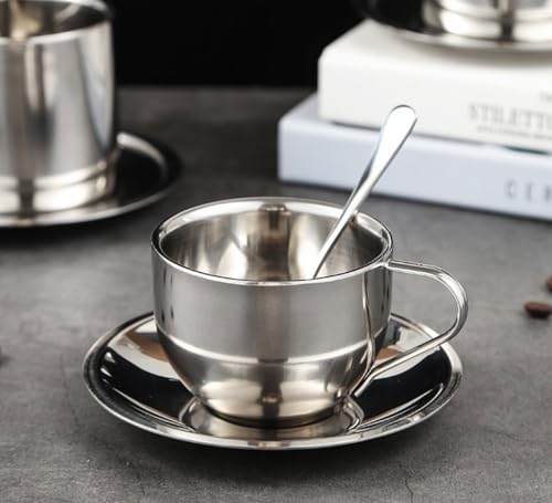 Stainless Steel Coffee Mug Set, 180ml Double Wall Coffee Mug with Saucer Cup Spoon Handle 3Pcs European Style Light- Luxury Metal Coffee Milk Tea Cup Set for Home, Cafes, Restaurant