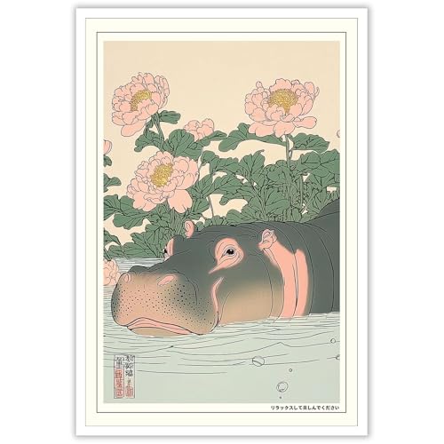 Cute Hippo in Bathtub Japanese Bathroom Wall Art African Animal Aesthetic Poster for Home Decor Living Room Bedroom Office and More 12X16 in Unframed