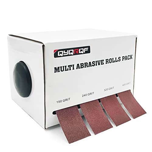 QYQRQF Emery Cloth Roll, 4 Grits Abrasive Sandpaper Rolls Assorted Sand Paper with Dispenser for Woodworking Automotive Metal Polishing, 150 240 320 400 Grits Per Roll 6 Meters by QYQRQF - Used condition - US$11.29