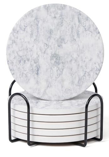 Hoomey Set of 6 White Abstract Onyx Marble Coasters with Holder, Absorbent Ceramic Coasters for Drinks, Coasters with Cork Backing for Table Protection, Home Decor, Coffee Table Decor