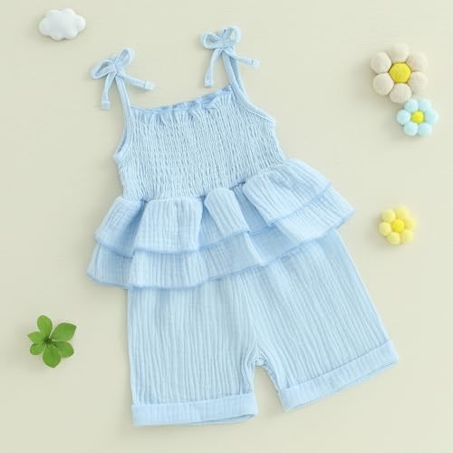 Image of Thorn Tree Toddler Girl Clothes Summer Ruffle Hem Sleeveless Stretchy Top Casual Shorts Cotton Line Outfits