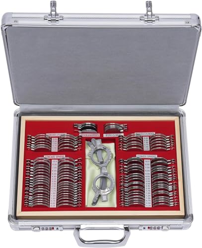 LANNADD Juego de 104 lentes de prueba, lentes de prueba de optometría de metal, ópticas de prueba, optometría, borde de metal, funda de aluminio, adecuado para ópticos, centros visuales y hospitales