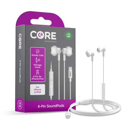 CORE essentials | SoundPods Wired Earphones 8-Pin | Microphone and Volume Control | Compatible with Smartphones 13, 14, 12, 11, 10, SE & All Models 5+ | Clear and Balanced Sound