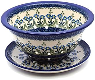 Polish Pottery Berry Bowl with Saucer - Blue Spring Daisy