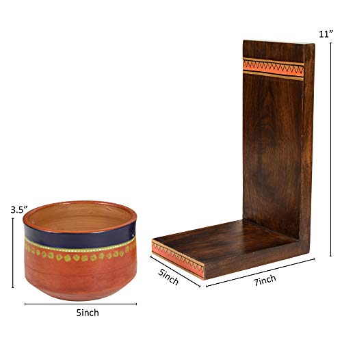Image of AAKRITI ART CREATIONS Asmi Earthen Brown Planter with Wall Decor Shelf | Handmade Terracotta Planter & Wooden Wall Hanging Shelf | Matte Finish Decorative Wall Art for Living Room, Balcony & Gifting