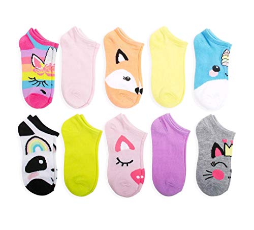 Girls Animals & Solids 10 Pack No Show Socks - Large