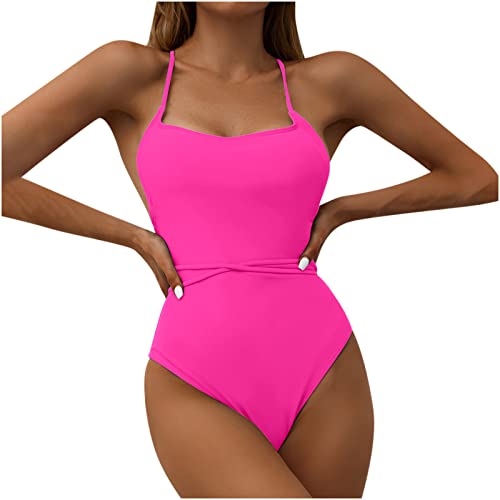 Swimsuit for Women's Casual Monokini Bathing Suit Solid Color Brazilian Bikini One-Pice Swimwear Vacation Beachwear Hot Pink