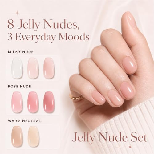 Image of Beetles Jelly Gel Nail Polish Set, 8 Colors Nude Pink Gel Polish | Milky White Neutral Sheer Gel Nail Kit Translucent Effect French Nail Art Nail Concealer Soak Off UV Manicure Gift for Women