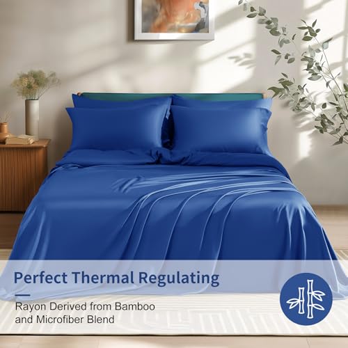 Image of Shilucheng 6 Piece California King Sheet Sets, Cooling Sheets, Blend Rayon Derived from Bamboo, Deep Pocket Up to 16 inch, Breathable & Soft Bed Sheets, Hotel Silky Bedding Set, Navy Blue