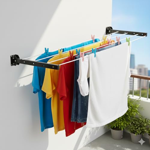 Image of Cloth Drying Foldable Wall Mount Stand with 50 Feet Rope and 5 Rows for Balconies, Terrace I Indoor & Outdoor Use I Space Saving I Metal Black I (Foldable Wall Mount Stand)