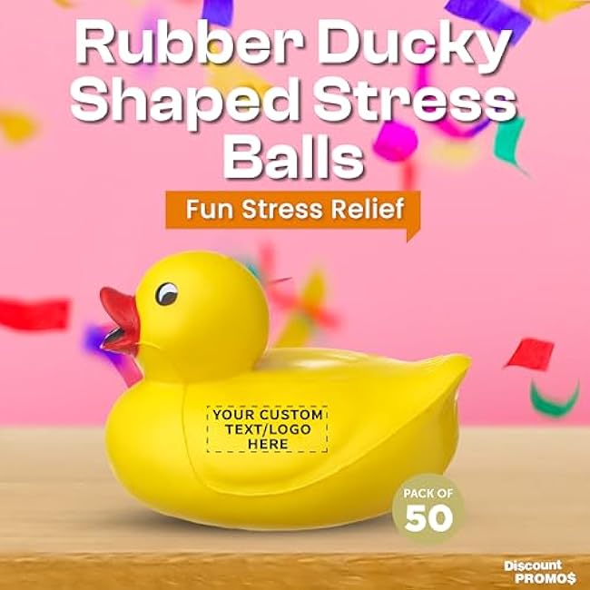 DISCOUNT PROMOS Custom Rubber Ducky Squeeze Balls Set of 50, Personalized Bulk Pack - Perfect for Promotional Giveaways - Yellow