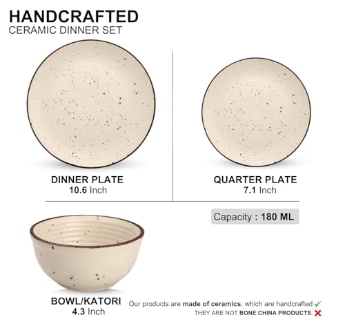 Image of Freakway Dinner Set, Ceramic Dinnerware with Brown Rim, Speckled Beige Design, 18 Pieces