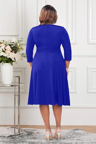 Image of Runwind Women's Plus Size Midi Dress 3 /4 Sleeve Fit and Flare Cocktail Dresses Casual V-Neck Dress with Pockets