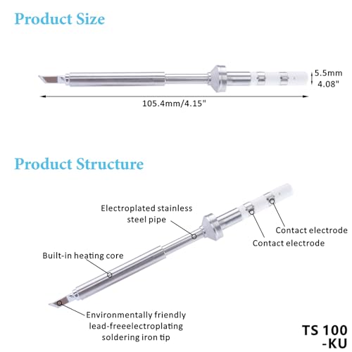 Image of TS100-KU Soldering Iron Tips, Rapid Heating Replacement Solder Tips Compatible with TS100, TS101, Pine64 and Pinecil Soldering Irons -Accurate Soldering Easy to Install