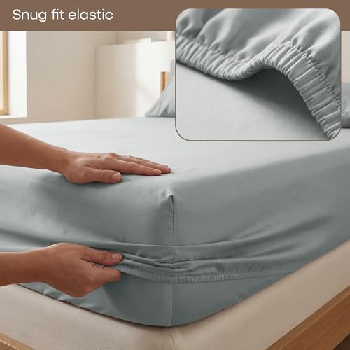 Image of SleepyCat 300TC Sateen Fitted Sheets with 1 Pillowcase | 100% Cotton Bedsheet | Buttery Soft Feel | 360 Elastic Grip | Side Pockets for Phone, Keys & Books | Denim, Single Size, 72x36 Inch