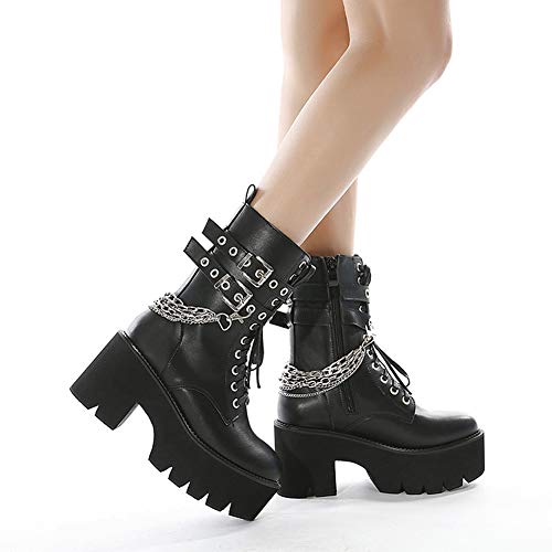 Yiya Women's Studded Goth Platform Boots Black Mid-Calf Combat Boots With Buckles Lace Up Gothic Booties Shoes With Chunky Heels #TOP1