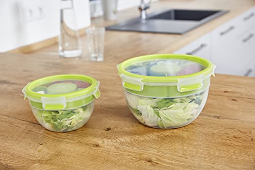 Emsa Clip&Go Saladbox - Recipiente hermético de plástico 0,6 L, ensalada Bowl redondo 1 L para ensalada con compartimento para salsas y otros platos, libre de BPA, transporte fácil