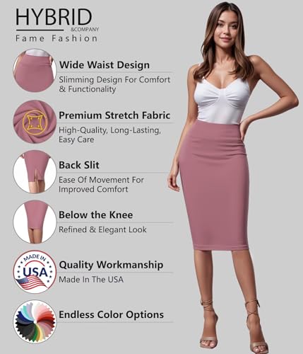 Image of Hybrid & Company Women's Premium Nylon Ponte Stretch High Waist Pencil Suit Skirt Below Knee