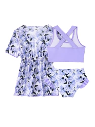 Hansber Kids Girls 3Pcs Tops with Printed Briefs and Cover Up Drawstring Outwear Quick Dry Tankini Beachwear2