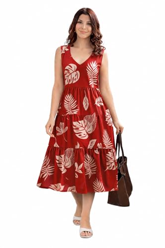 Image of Women Printed Midi Dress V-Neck Short Sleevless Maroon Pattern A-Line Dress