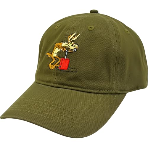 Looney Tunes Baseball Cap, Wile E. Coyote and Road Runner Adult Adjustable Cotton Dad Hat with Curved Brim for Men and Women, Olive, One Size