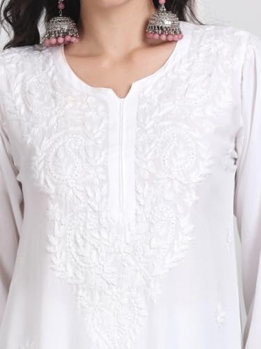 Image of Women's Luxe Lucknowi Chikankari Hand Embroidered Rayon Dyed Kurti Palazzo Dupatta Set - Designer Ethnic Wear for Wedding, Festive & Party Occasions