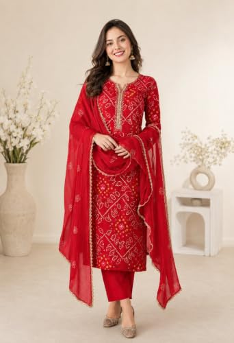 Image of Womens Rayon Printed Straight Kurta and Pant with Dupatta Set