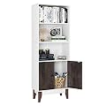 Homfa 4 Tier Bookcase Storage Cabinet, 64.2 in Height Wooden Bookshelf with 2 Doors and 3 Shelves, Free Standing Floor Side Display Cabinet Decor Furniture for Home Office, White and Wood Grain
