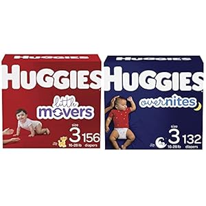 Baby Diapers Bundle: Huggies Little Movers Size 3, 156ct & Overnites Nighttime Diapers Size 3, 132ct