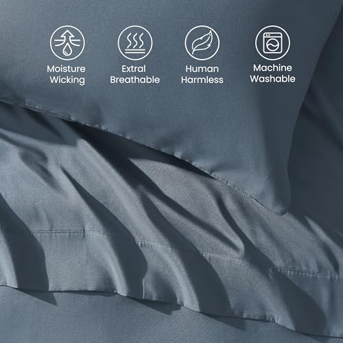 SLEEP ZONE Nanotex Super Soft Cooling Queen Bed Sheets Set 4 Piece - Easy Care Fitted Flat Sheet & Pillowcase Sets - Wrinkle Free, Fade Resistant, Deep Pocket 16" (Flint Blue, Queen)