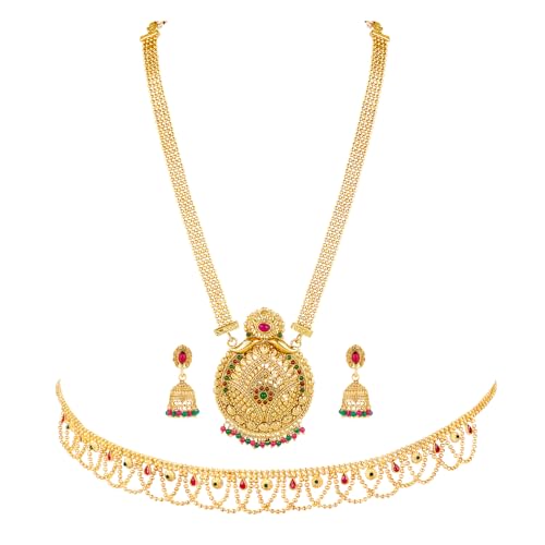 Image of Peora Gold Plated Bridal Jewellery Set with Kamarband Gift for Women Indian Traditional Ethnic Wedding
