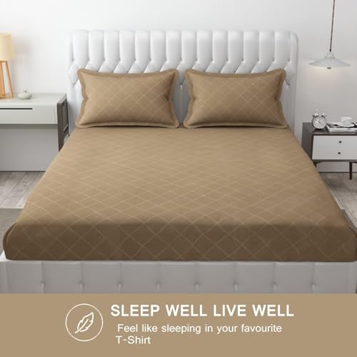 Image of Filymore Double Bed Bedsheet with 2 Pillow Covers, 300 TC Microfiber, Solid Embossed Check Design, Soft & Durable Bedcover 90x95 Inches, Beige, Luxury Bedding for Home & Hotel Use