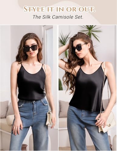 Image of THXSILK 100% Mulberry Silk Women Cami Pajama Set, Tank Top with Shorts Sleepwear, Adjustable Spaghetti Straps, Luxury Pj Set