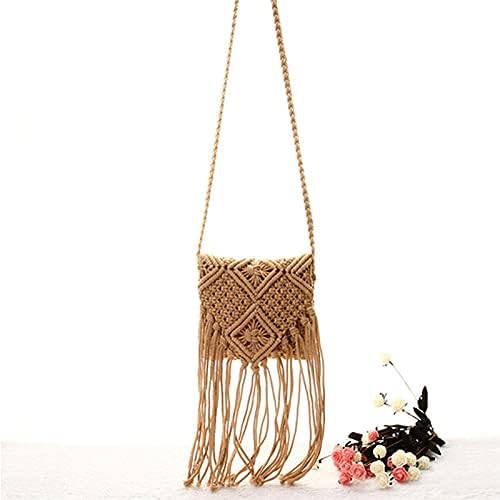 Van Caro Handwoven Cotton Straw Shoulder Bag Crochet Tassel Beach Bohemian Purse for Women - Image 4