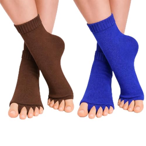 Image of Foot Alignment Orthopedic Cotton Socks for Men & Women | Five Toe Separator | Foot Pain Relief | Bunion Corrector | Plantar Fasciitis Support |Free Size | Brwon-RoyalBlue| 2 Pair | UK8-11