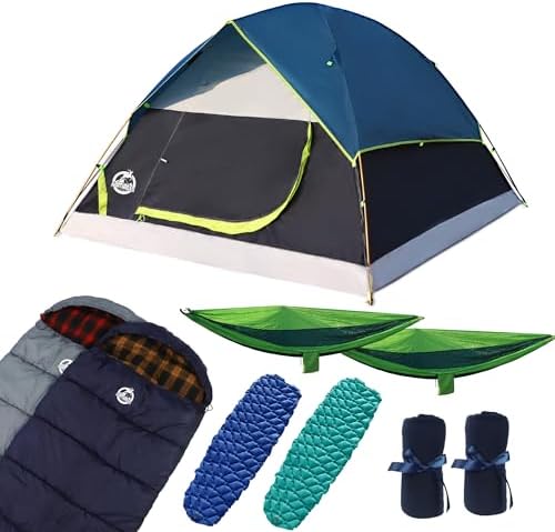 Northroad 9PCS Camping Tent Kit, Including 1 2/3 Person Dome Tent, 2 Sleeping Bag, 2 Sleeping Pad/Camping Mat, 2 Single Camping Hammock with 2 Tree Straps, 2 Lightweight Fuzzy Bed Blanket