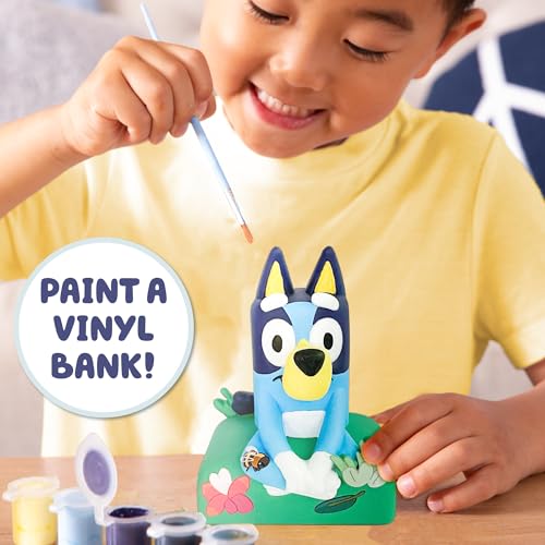 Image of Bluey Paint Your Own Piggy Bank, Includes 6 Paints, Vinyl Stickers, Craft for Kids, Great Gift Birthday Party, Toy Figures, Paintable Toys for Toddlers 1-3