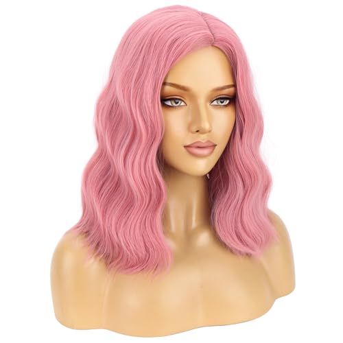 Image of BERON 14 inch Pink Wigs for Women Girls Short Curly Wavy Wig Pastel Colored Shoulder Length Side Part Wave Halloween Cosplay Daily Party Wigs