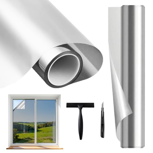 Film Fenêtre Anti Regard, Film Anti Chaleur Miroir Argent, Anti UV, Brise-Vue Électrostatique, Protection Solaire et Intimité pour Maison, Bureau, Chambre, Balcon et Salon (44,5 x 200 cm)
