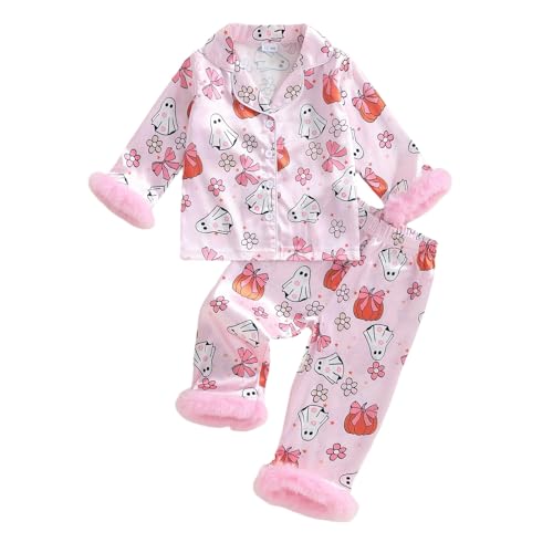 Kuriozud Kids Toddler Girl Halloween Pajamas Fuzzy Trim Long Sleeve Button Down Shirt Top and Pants 2pcs Pjs Sets Sleepwear (Floral Ghost Bow Pink, 12-18 Months)