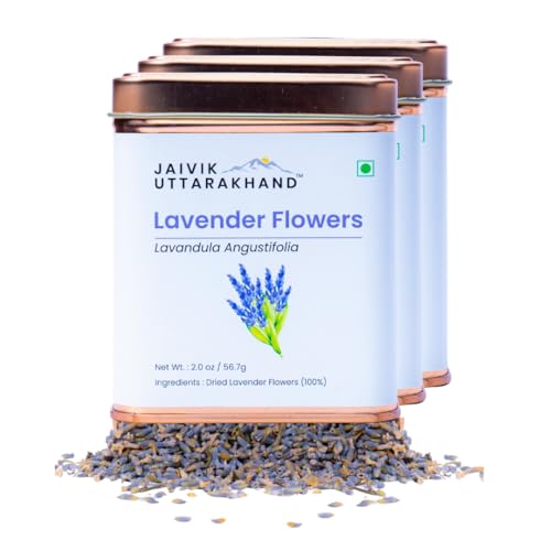 Image of Jaivik Uttarakhand - Lavandula angustifolia Tea (170.1 g), Sun Dried Flowers for stress relief, good sleep, skin health, Pack of 3 Tin Can