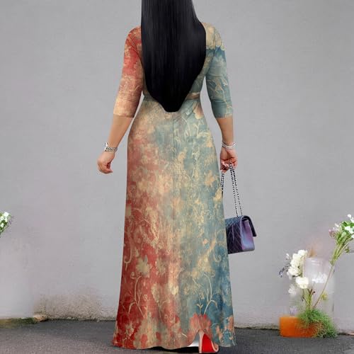 Image of Plus Size Dresses for Women Print Maxi Dresses 3 /4 Sleeve with Belt