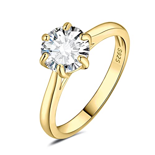 JewelryPalace Classic 2ct Cubic Zirconia Solitaire Engagement Rings for Women, 14K Yellow Gold Plated 925 Sterling Silver Promise Ring for Her, Round Cut CZ Anniversary Wedding Rings Size J
