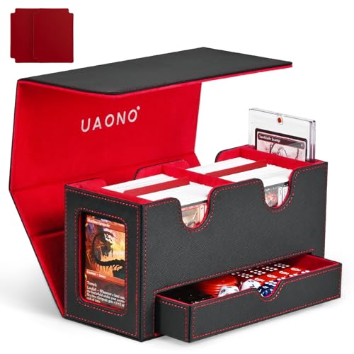 UAONO MTG Deck-Box mit 2 Commander Display und Würfelablage, patentiertes Design, Doppeldeck-Box für 250+ einhüllige Karten, Leder-Magnetkarten-Aufbewahrungsbox passend für TCG CCG Magic Cards