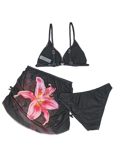 Image of Girl's 3 Piece Sets Floral Print Bikini Swimsuit High Waisted Bathing Suits with Beach Skirt Coverups