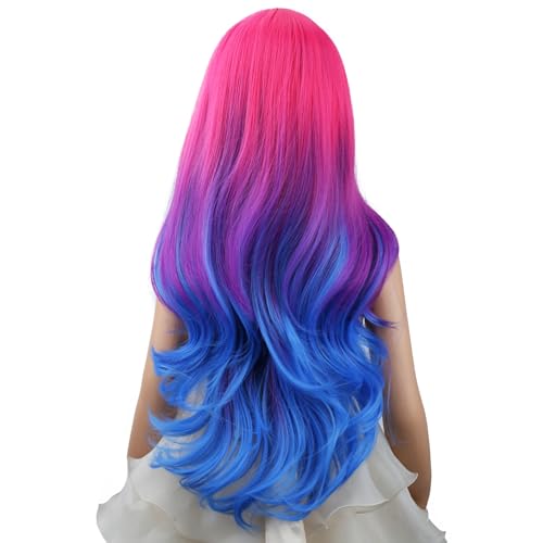 Image of PATTNIUM Rose Ombre Blue Wig Hot Pink to Blue Wig for Kids Child Girls Long Wavy Curly Ombre Blue Wig Girls Heat Resistant Synthetic Hair Wigs