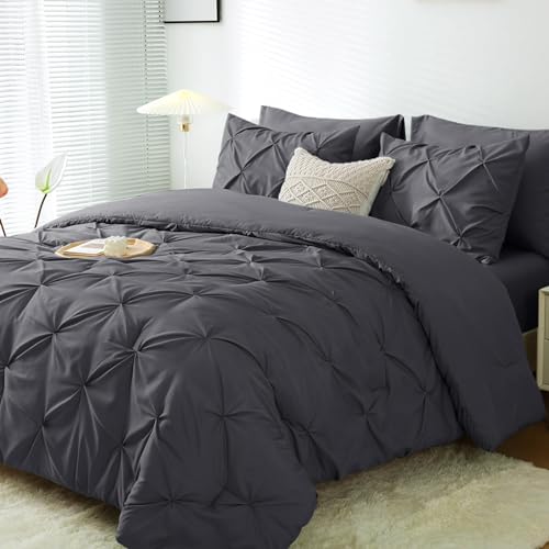 JOLLYVOGUE Bed in a Bag 7-Pieces, Dark Grey Cal King Comforter Set for All Season, Pintuck Bedding Sets with 1 Comforter, 1 Flat Sheet, 1 Fitted Sheet, 2 Pillowcases & 2 PillowShams