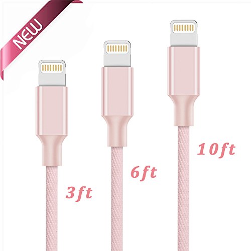 iPhone Charger Cable, LUXEAR 3 Pack 3ft 6ft 10ft Lightning to USB Cables Charging Cord Charge and Sync for iPhone 7 6s 6s Plus 5s 5 SE iPad air 2 mini iPad 1 2 3 4, Pink Rose Gold